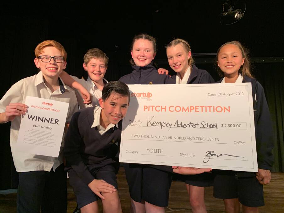 Rhy, Josh, Joaquin, Abby, Ellia and Alara at the StartupCoffsCoast Pitch Competition. Photo: Supplied 