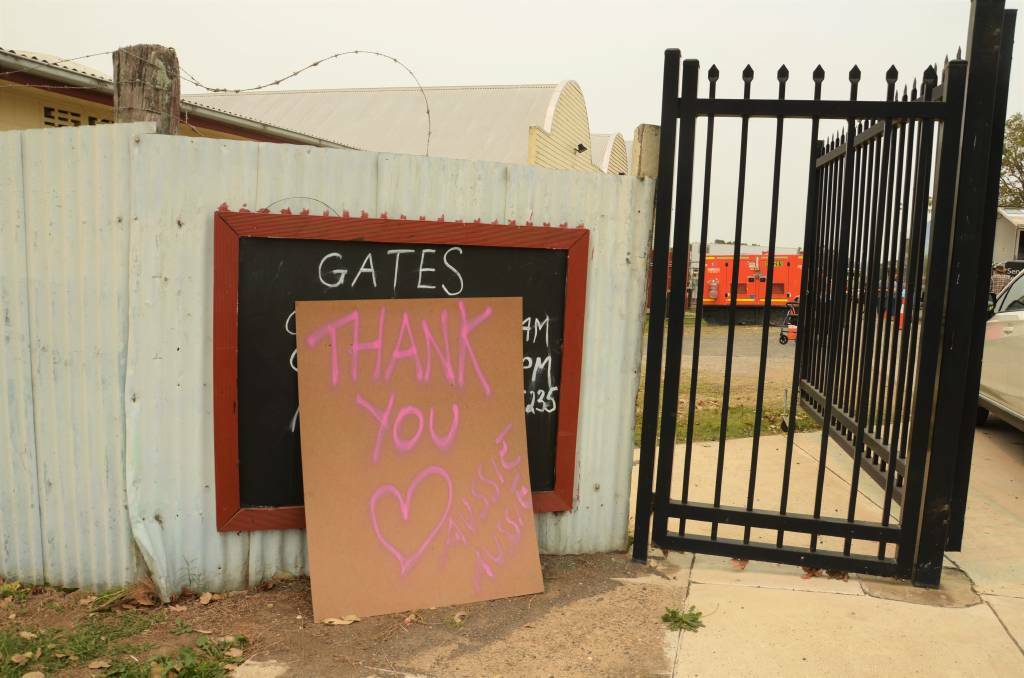 The sign at the gate of the Kempsey Evacuation Centre. Photo: Ruby Pascoe
