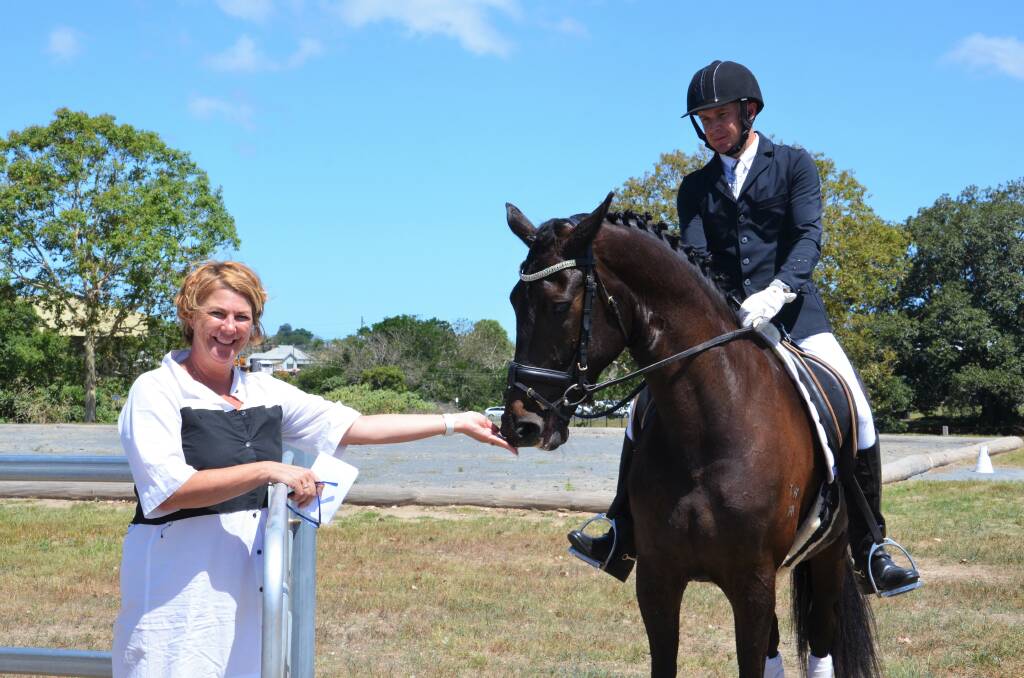 Member for Oxley Melinda Pavey with Tim Rudder and Trovota Delta at the new Kemspey Showground dressage arena. Photo: Ruby Pascoe