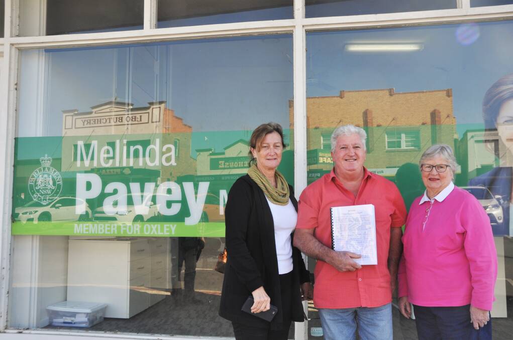 Gail Ryan from Crescent Head, Dick Pearson from Yarravel and Joy Proudfoot from South West Rocks presenting the petition to Melinda Pavey's office. Photo: Ruby Pascoe
