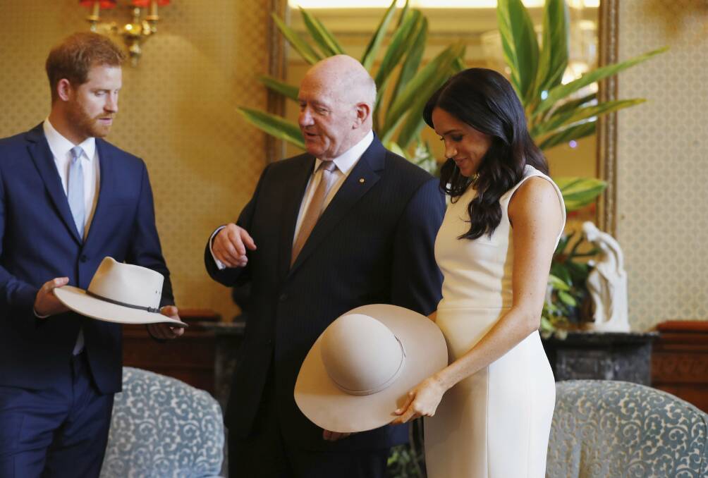 The Duke and Dutchess of Sussex were gifted the Akubra hats by the Governor-General Sir Peter Cosgrove and his wife Lady Cosgrove earlier this week. Photo: Phil Noble/Pool via AP