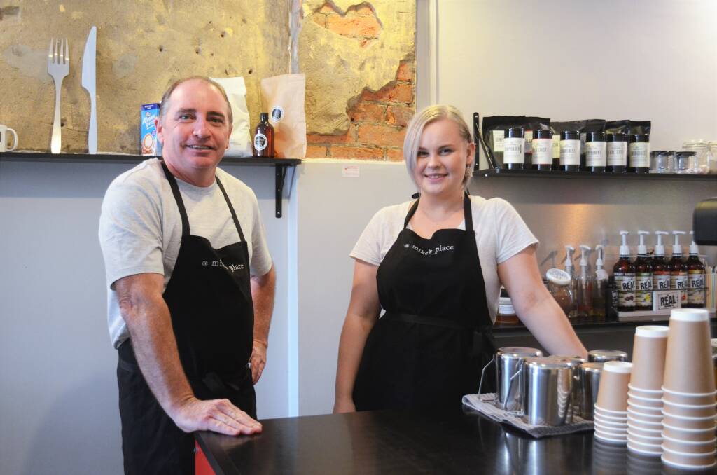Owner of At Mike's Place Mike Lee and barista Tiffany Selley. Photo: Ruby Pascoe