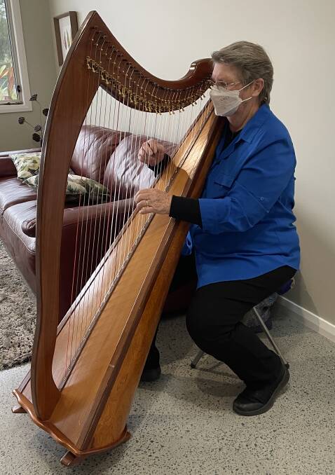 Carol Booth plays the harp at the Tender Funerals Mid North Coast launch. Photo: Lisa Tisdell