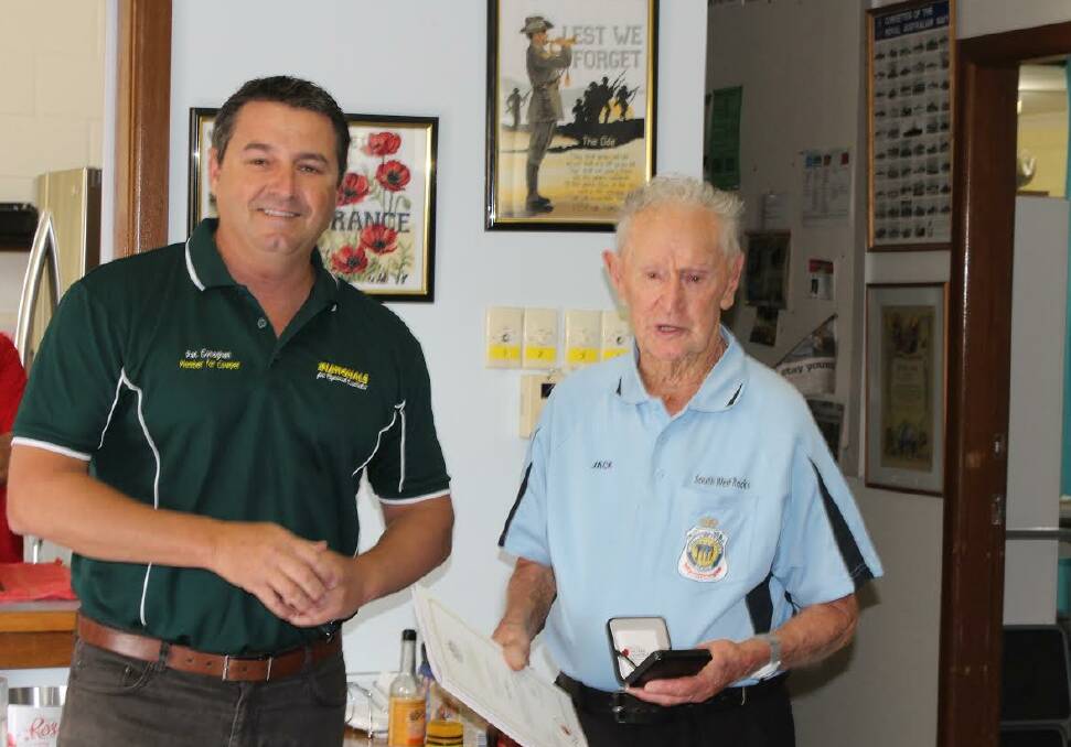 Federal Member for Cowper, Pat Conaghan, with World War II veteran Jack Kerry. Photo: Supplied 