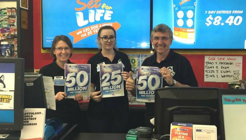 Darlene Lean, Katie Woodland and Warwick Lean at the Nambucca Heads Newsagency after it was announced a local man had won the $25 million top prize. Photo: File 