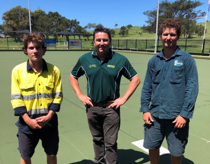 Apprentice greenkeeper Mason Powick, Federal Member for Cowper Pat Conaghan and Jesse Meehan, who recently completed his greenkeeping apprenticeship at the Crescent Head Country Club. Photo: Supplied 