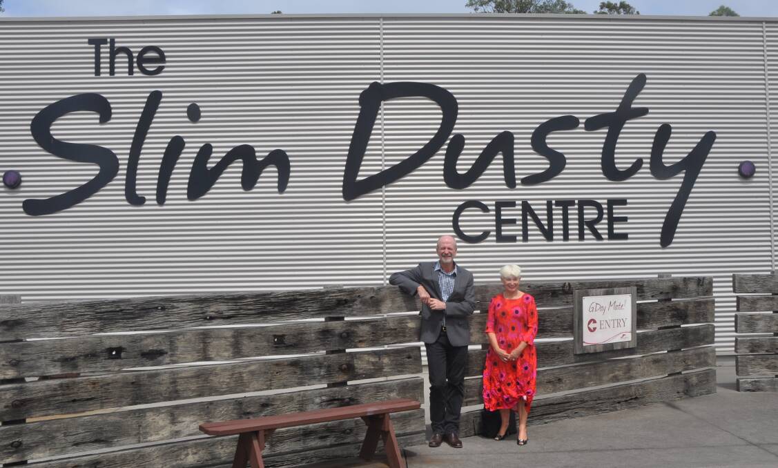 Chair of the Slim Dusty Museum Trust Fund, David Kirkpatrick with Kempsey Shire Council mayor Liz Campbell outside the Slim Dusty Centre in South Kempsey. Photo: Stephen Katte 