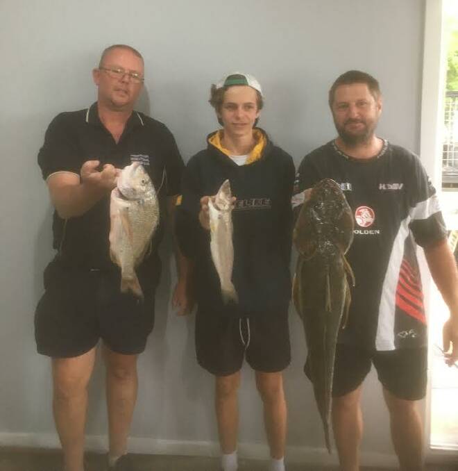 Steve Jeffs and his 1.024 kilogram bream, Beau Spiteri with a 450 gram whiting and Chad Spiteri with his 80 centimeter flathead. Photo: Supplied 