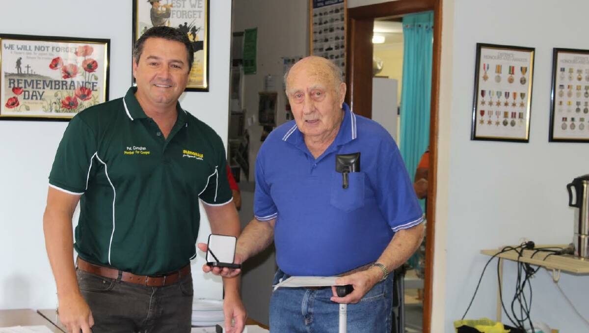 Federal Member for Cowper, Pat Conaghan, with World War II veteran Harry Cruger. Photo: Supplied 