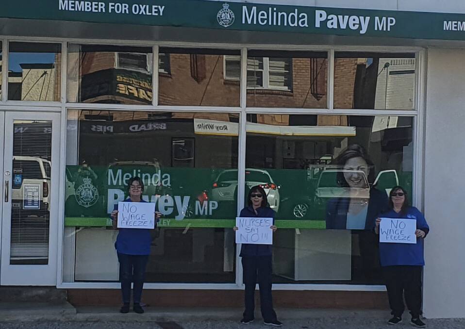 Local nurses recently held a COVID safe protest against the wage freeze outside Melinda Pavey's office. Photo: Supplied 