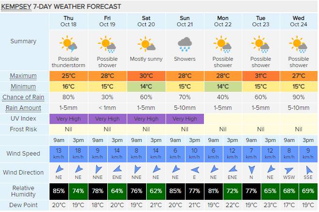 Kempsey's seven-day weather forecast, from October 18, 2018