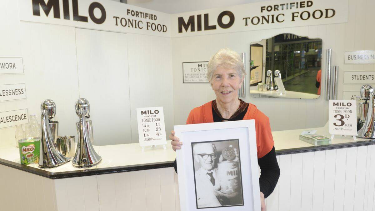 Macleay memories: Margaret Butterworth, daughter of inventor Thomas Mayne at the MILO bar display at the Sydney Royal Easter Show. The family lived at Kempsey, while Mr Mayne oversaw production of the 'fortified food'.