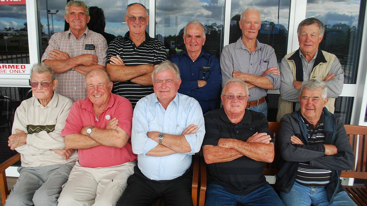 Players today: Front row - Lloyd Hudson (captain-coach and front row), Ken Salmond (hooker), Jim Baxter (front row), Allan Hickson (five-eighth) and Bob Mavin (fullback). Back row - Bill Kennedy (second row), Bob Brenton (lock), Col Brenton (half-back), Ken Wilson (five-eighth) and Greg Mayhew (inside centre). These men are pictured at the Kempsey heights Bowling Club on Wednesday.