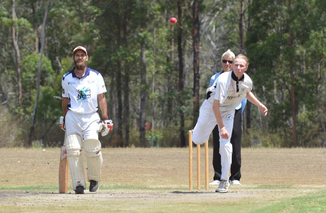 Release: A Macleay Valley Cricket Association first grade Rovers bowler lets one go in a match against Nulla earlier this season. Photo: Penny Tamblyn.