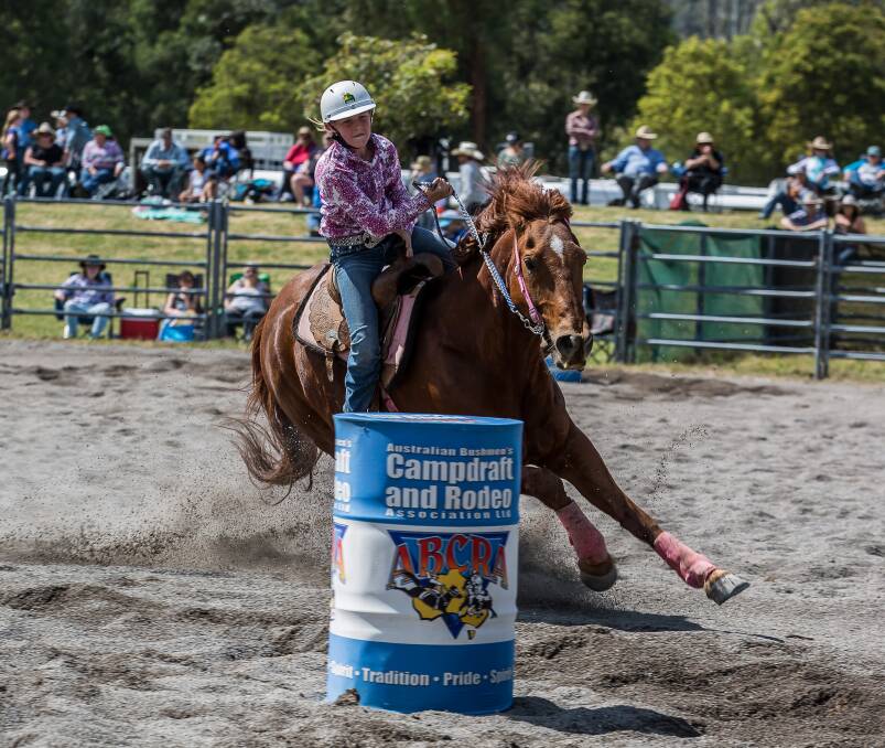 Bobbi Ward in the middle of competing in the Under-11 to 14 barrel race at Wingham this year, an event she won. 