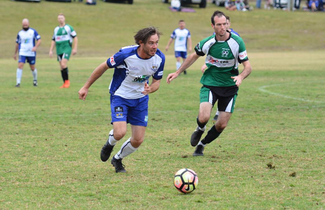 Chase: Chad Applegate chases after the ball in Rangers' victory over Port United on Saturday. Photo: Penny Tamblyn.