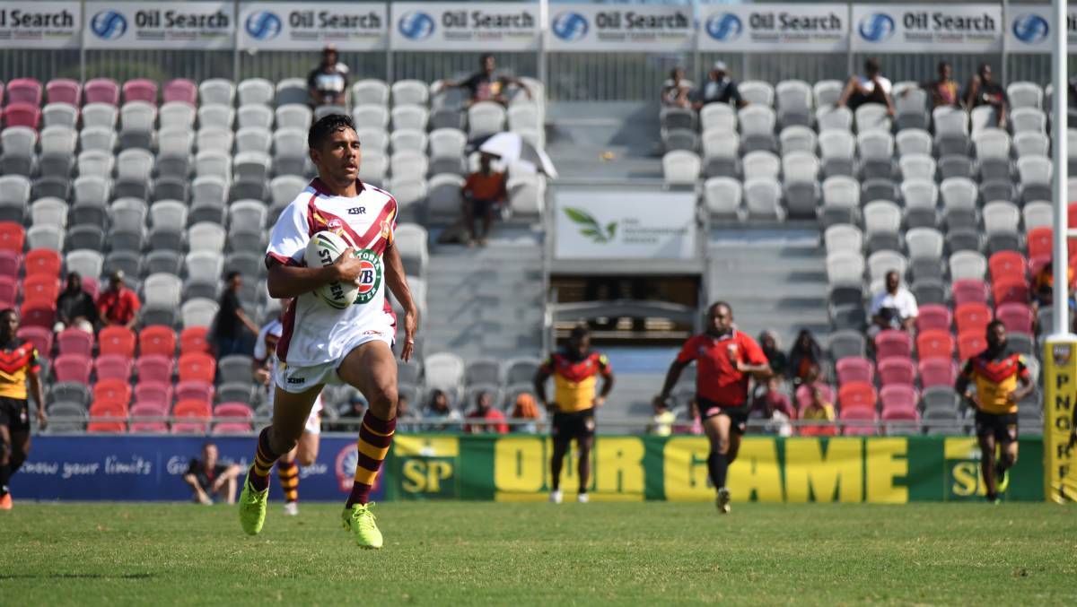 Intercept: Owen Blair sprints away to score a try for the NSW Country Under-23 representatitve side against the PNG Residents. Photo: Country Rugby League.