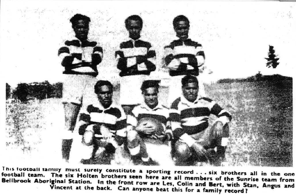 The Holten brothers, who played for the Bellbrook Aboriginal Station Sunrise team, in 1952. Photo: Supplied