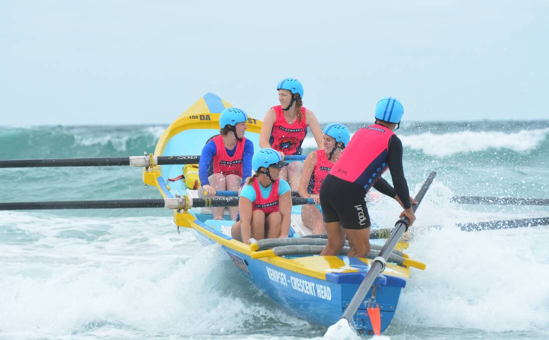 Pushing for first: The Kempsey-Crescent Head Surf Boat Club's Open Women's crew can move into the top spot with a win this weekend. Photo: Penny Tamblyn.