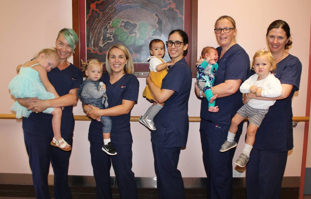 Magnificent midwives: Kempsey District Hospitals Margaret Binskin with daughter Eadie, Erica Mangnall with Anna, Bianca Da Costa Enes and Olivia, Jodie Hunkin and Tayo and Sunny Hunt with son Jamie are inviting the community to support their fundraiser on behalf of local mums and bubs. Photo: Supplied