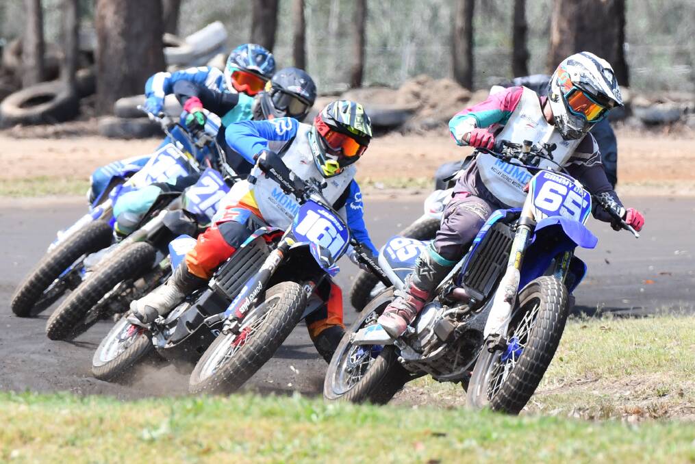 Kempsey's Sam Davies (#65) leads the way at the Akubra Classic at the Greenhill Speedway last Sunday. Photo: Penny Tamblyn