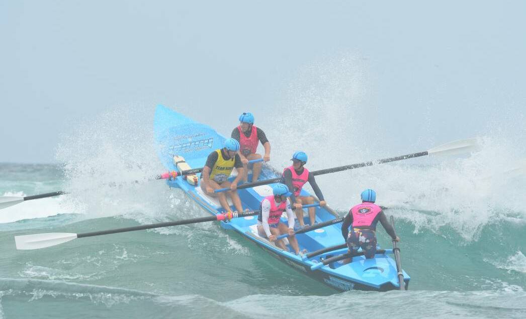 Swell: The Masters 200s tackle a wave at the North Coast Surf Boat Series round held at Bonny Hills last year. Photo: Penny Tamblyn