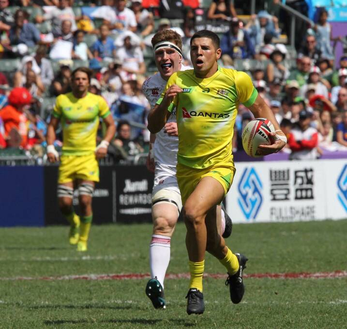Green and gold: Triston Reilly representing Australia in the rugby sevens. Photo: Supplied.