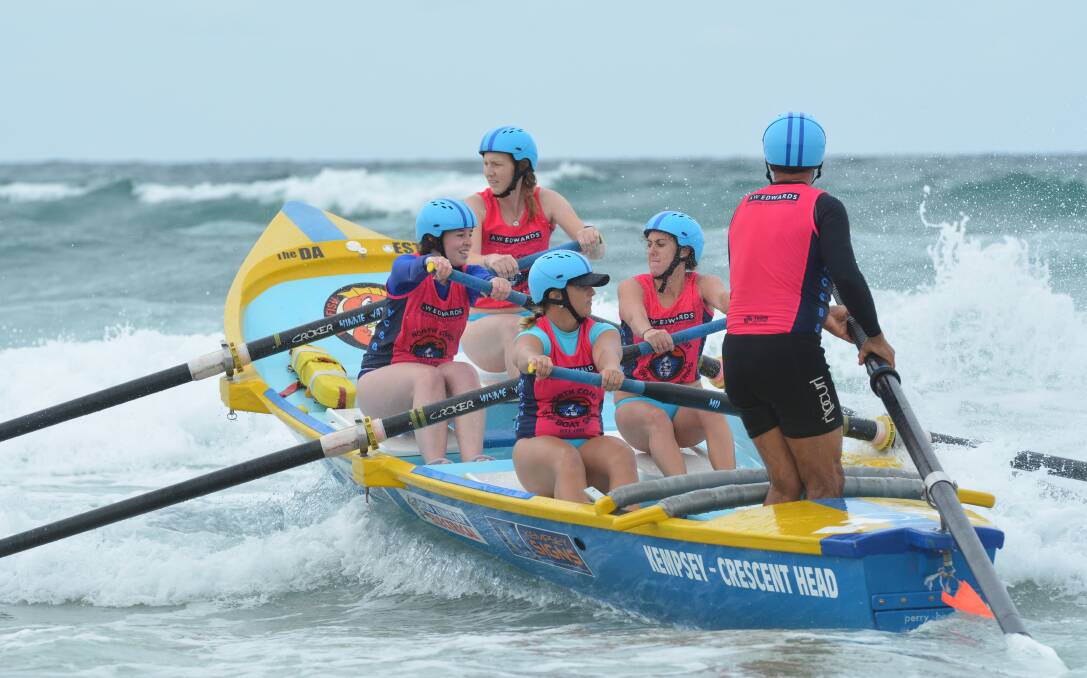 Stroke: The Kempsey-Crescent Head Surf Boat Open Women's crew competing in competition last season. Photo: Penny Tamblyn.