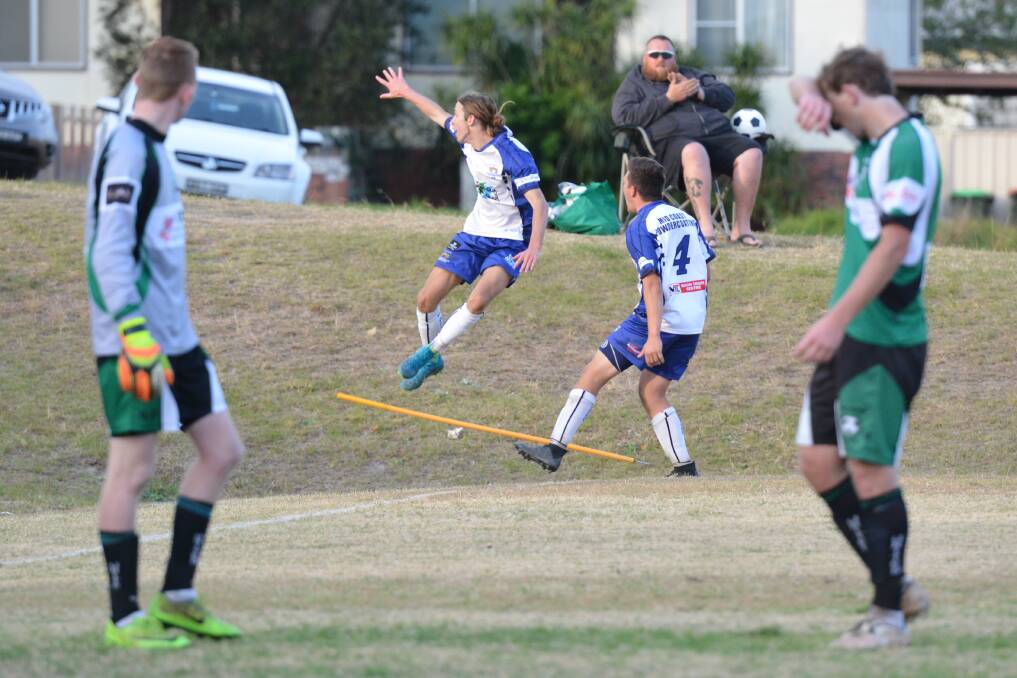 Euphoria: Sam Applegate celebrates scoring a magical extra-time goal which sent the Rangers to a grand final qualifier with Wallis Lake this Saturday. Photo: Penny Tamblyn.