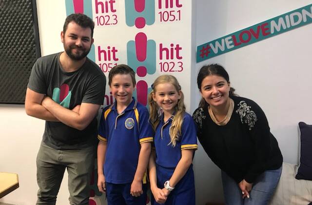 Crescent Head Public School students Chace and Sofia in the studio with Cass and Bodge from Hit Mid North Coast.