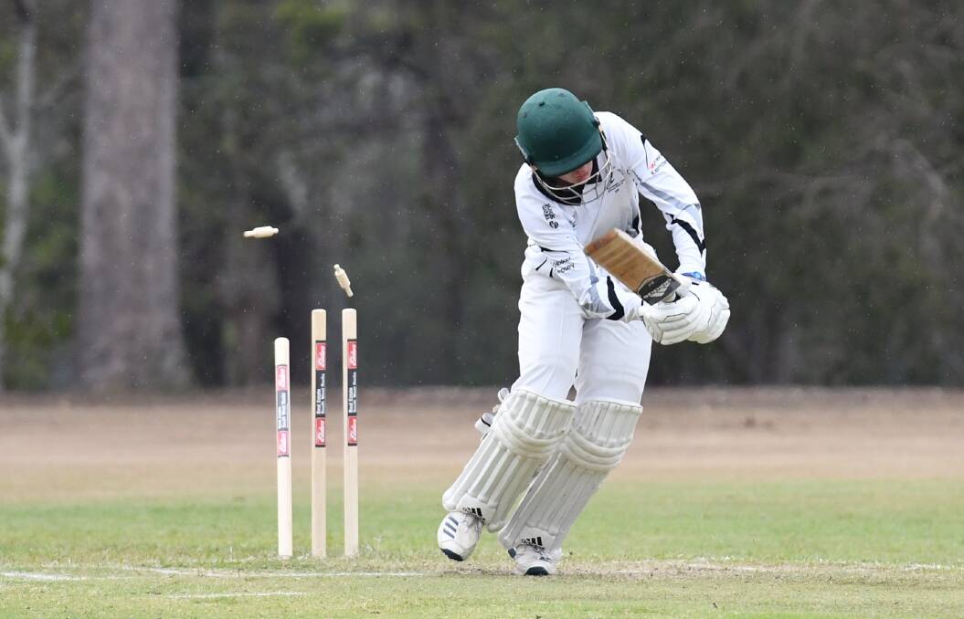 The bails go flying as a Rovers batsman is clean bowled. Photo: Penny Tamblyn
