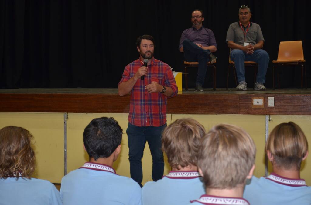 Reformed problem gambler: Nathan Hindmarsh shares his addiction to gambling story with the Melville High School students. Photo: Callum McGregor.