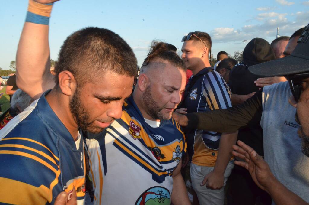 Emotions flowed from Conrad and Russell Lardner after the Group Three grand final victory over the Wauchope Blues. Photo: Callum McGregor