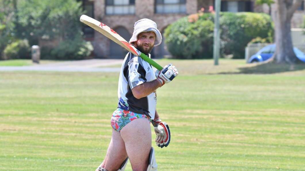 Competition certainly doesn't get in the way of a good time at Macleay Cricket's Annual 'Bash 4 Cash' fundraiser, as Jesse Gleeson demonstrates in 2017. Photo: Penny Tamblyn