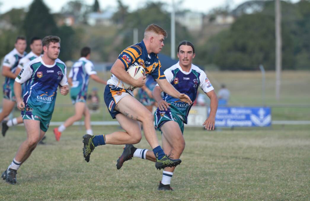 Leap: Mustangs forward Josef Barber in action against the Taree City Bulls. Photo: Penny Tamblyn