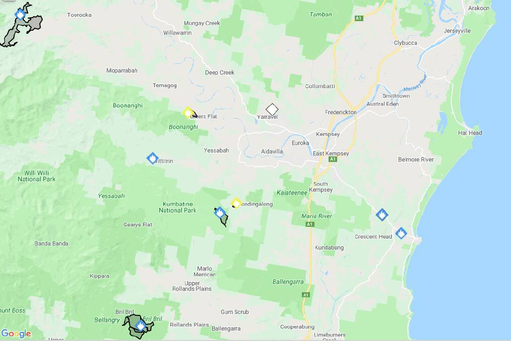 The blazes currently burning around Kempsey are the yellow and blue symbols