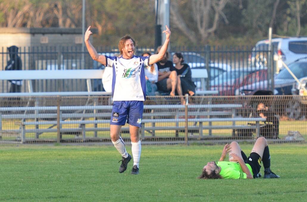 Jubilation: Chad Applegate celebrates scoring Rangers' fifth goal as they defeated Wallis Lake 5-3 in the grand final on Saturday. Photo: Penny Tamblyn.