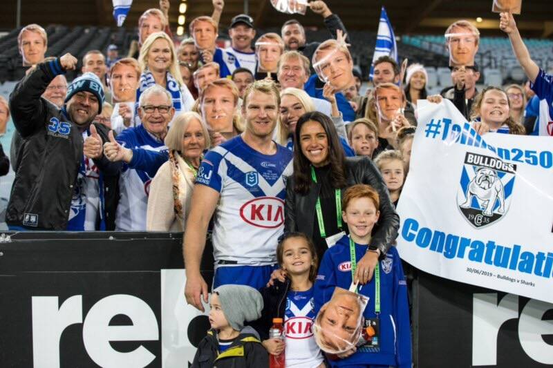 Aiden Tolman with family and friends after his 250th NRL milestone game on Sunday. Photo: Canterbury-Bankstown Bulldogs