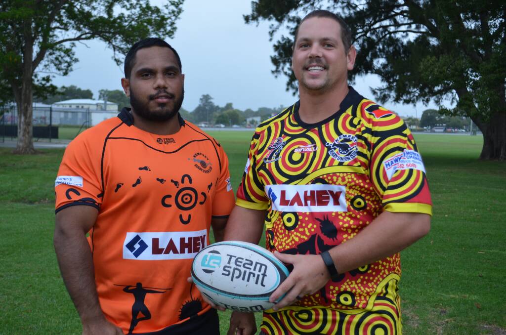 Inspiring design: Braydon Davis and Braden Farrawell proudly wear the Kempsey Cannonballs Indigenous rugby sevens jerseys. Photo: Callum McGregor.