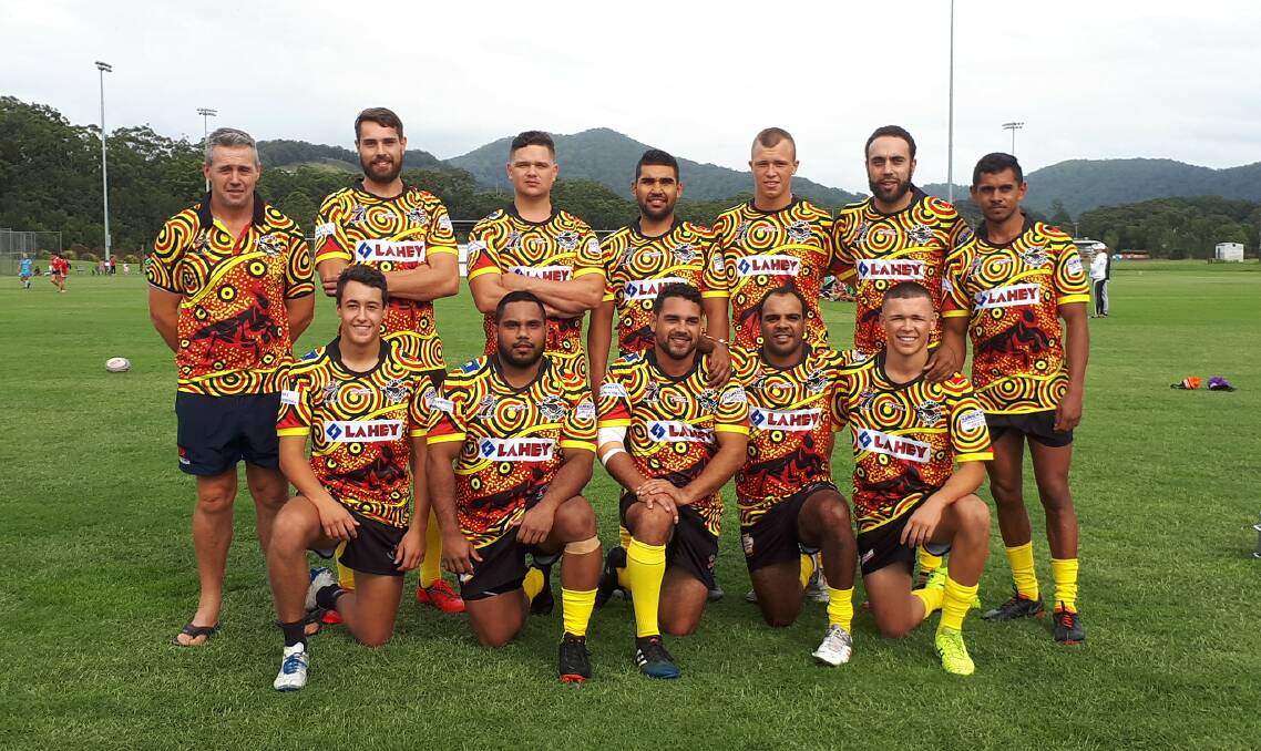 Proud Dunghutti men: The Kempsey Indigenous rugby sevens side which competed at the Ella 7s on Saturday. Photo: Supplied.