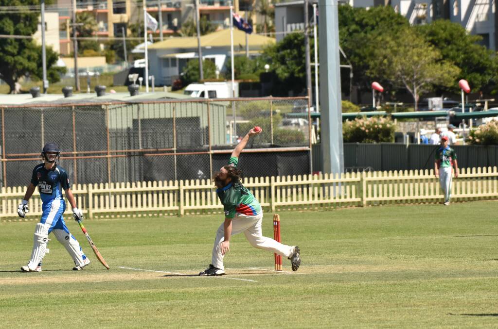Getting it to turn: Spin bowler Ben Taylor sends one down the track for the Macquarie Coast Stingers. Photo: Paul Jobber.