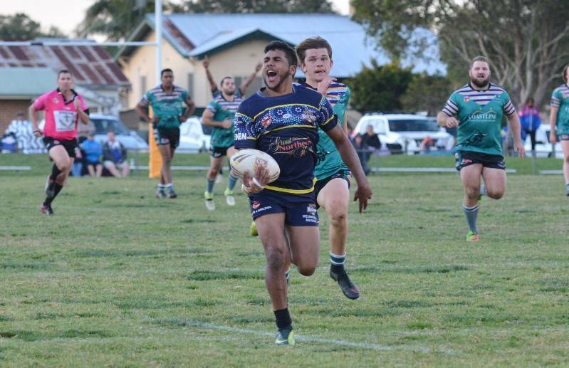 Stephan Blair sprints away to score a try in the Mustangs' victory over the Bulls in the 2017 preliminary final.