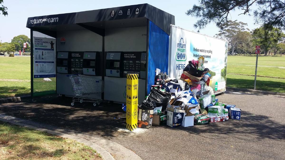 A large pile of trash has been built up at the Return and Earn point in Stuart St, Kempsey