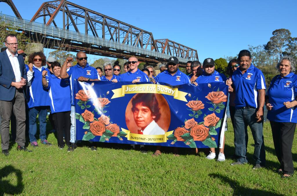 Investigations reopen: Lewis 'Buddy' Kelly's family and Greens Aboriginal Justice spokesperson David Shoebridge rally for justice at the last location Buddy was seen alive. Photo: Callum McGregor