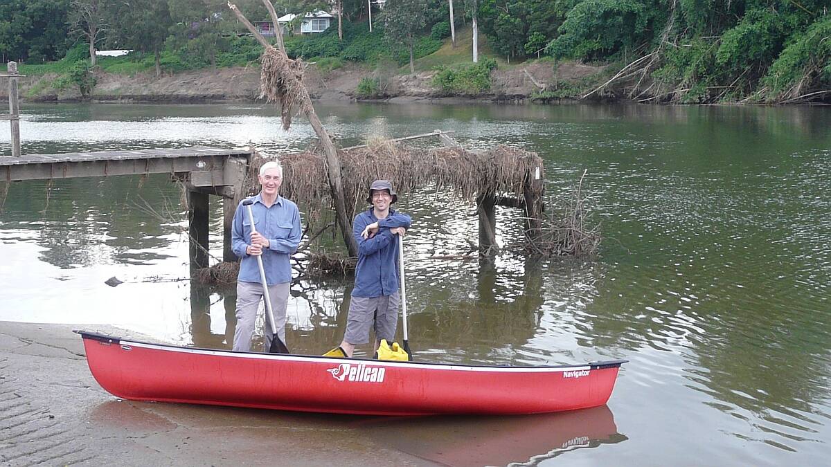 Terry Korn and his son Alistair at the start of the final leg on the river from Kempsey to South West Rocks on Friday, March 29.