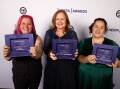 Skye Stewart, Cathy Halmarick and Cassie Talbot accept their awards at the Australian Nursing & Midwifery Awards. Picture supplied