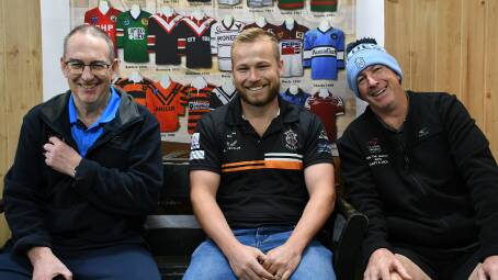 Wingham captain-coach Mitch Collins flanked by On The Bench regulars Mick McDonald and Gary Bridge, who was celebrating NSW's great win over Queensland in the women's State of Origin clash. 