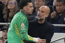 Man City goalie Ederson, substituted after his knock at Spurs, is out for the rest of the season. (AP PHOTO)